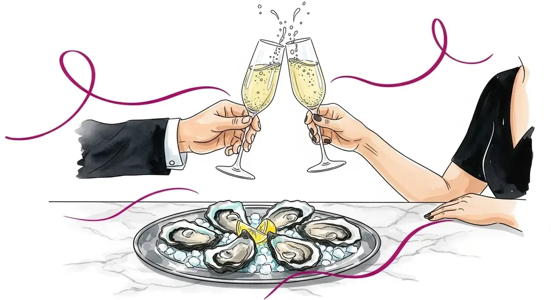 Illustration de l'accord parfait huîtres et champagne pour le réveillon du Nouvel An en France