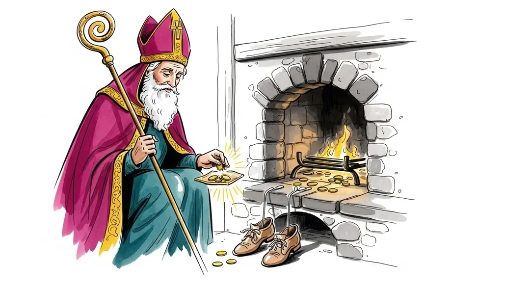 Une illustration de Saint Nicolas illustrant l'origine des cadeaux de Noël