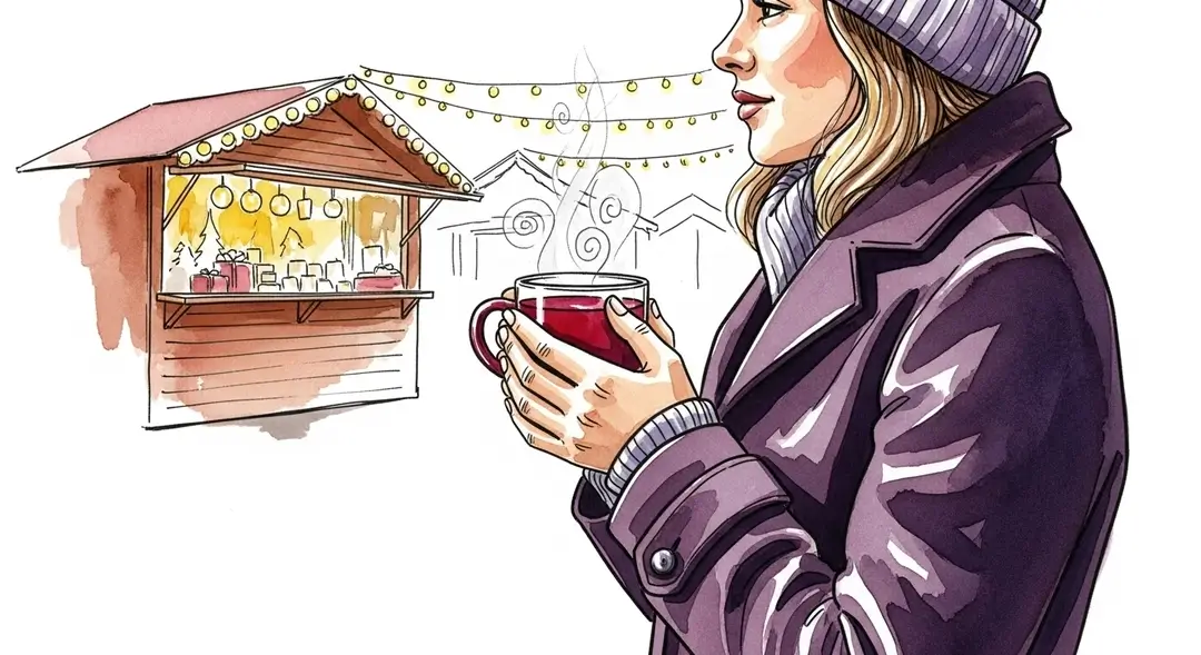 Illustration d'une femme dégustant un vin chaud traditionnel sur un marché de Noël