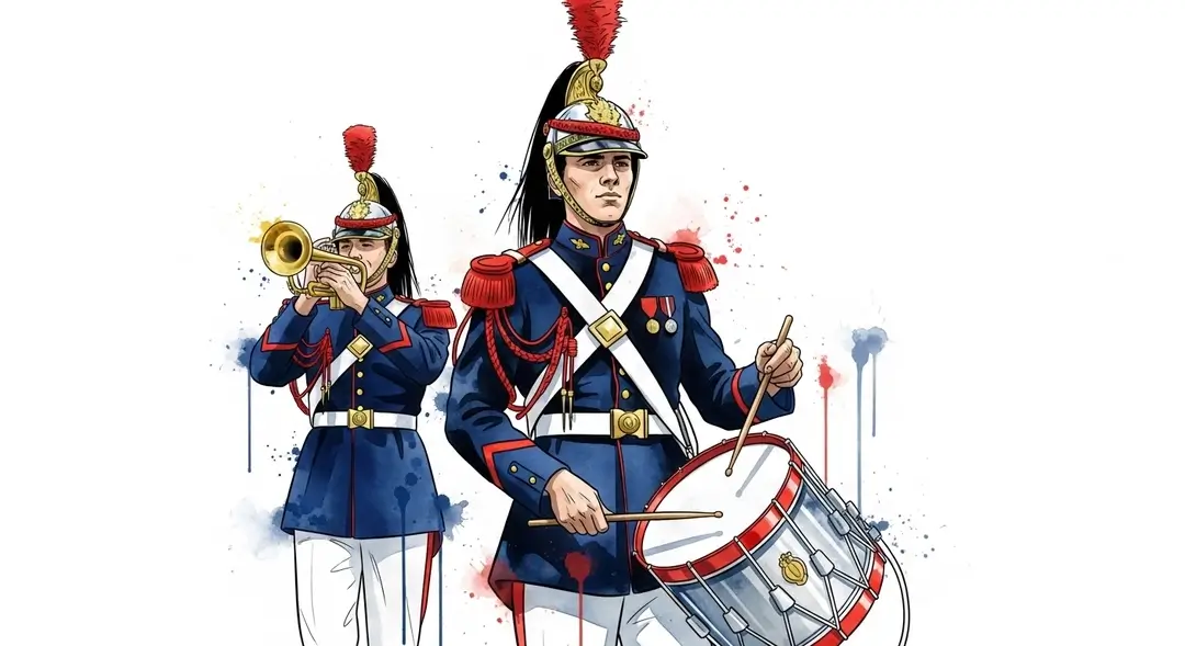 Illustration à l'aquarelle incarnant la tradition des tambours et fanfares dans les défilés patriotiques à travers deux musiciens de la Garde républicaine en action.