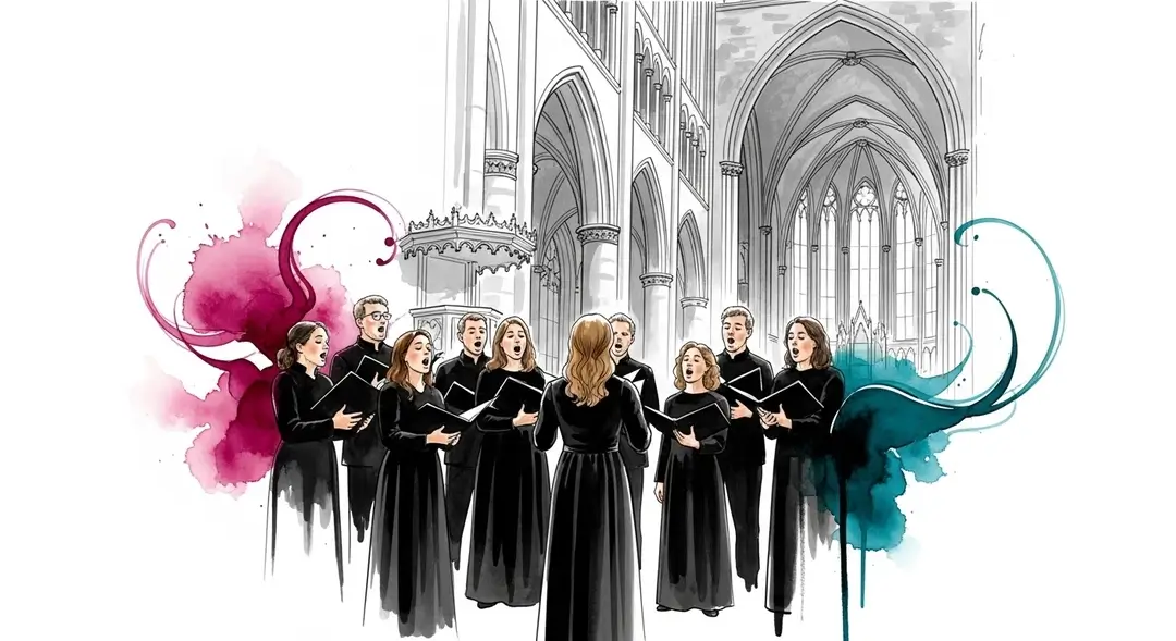 Une chorale d'adultes interprète des chants de Noël lors d'un concert dans une cathédrale gothique en France.