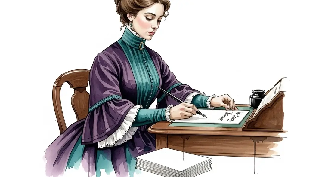 Femme victorienne écrivant des cartes de vœux du Nouvel An