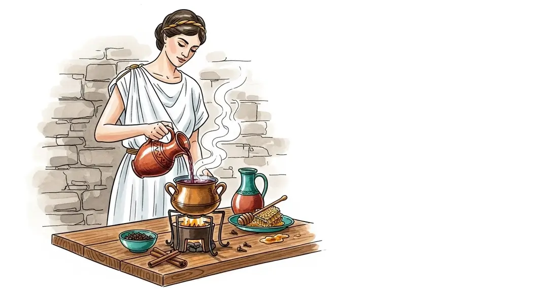 Illustration d'une femme romaine préparant la recette traditionnelle du vin chaud