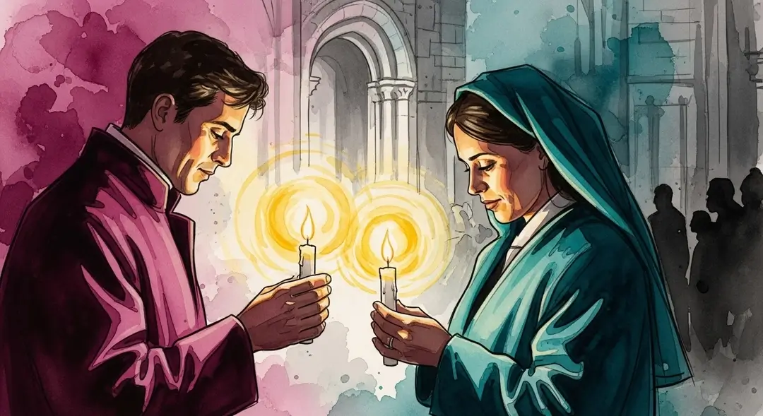 Deux adultes participant au rituel des bougies de Noël en Provence