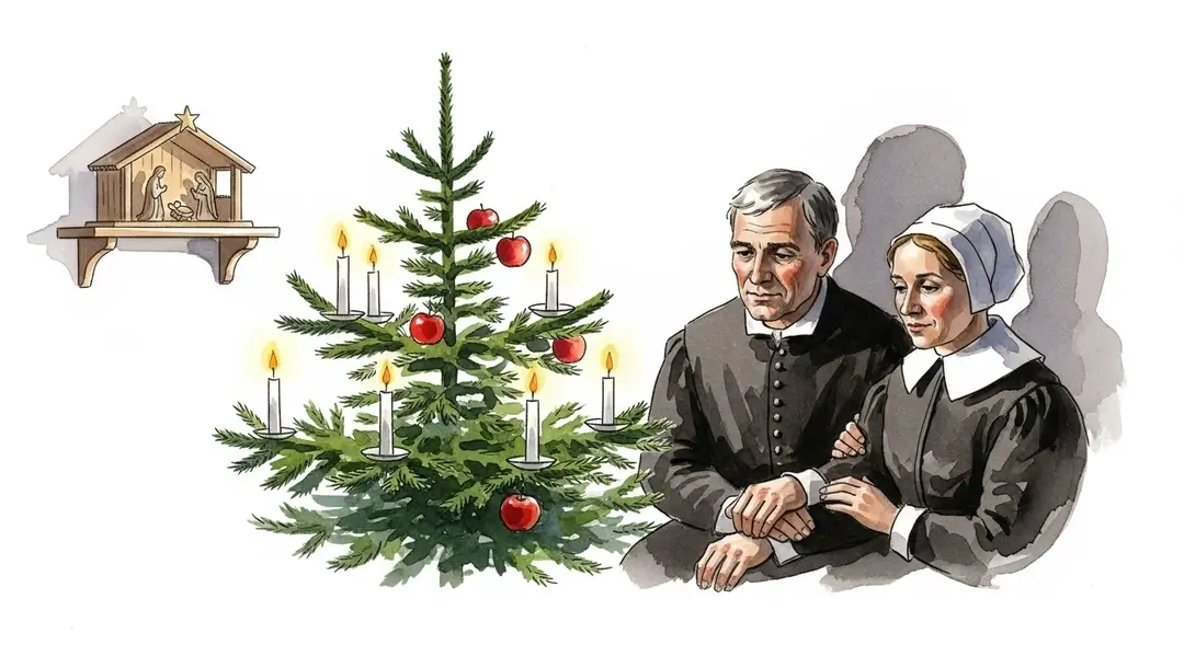 Illustration montrant l'influence de la Réforme protestante sur Noël : des huguenots célèbrent un Noël protestant autour d'un sapin décoré