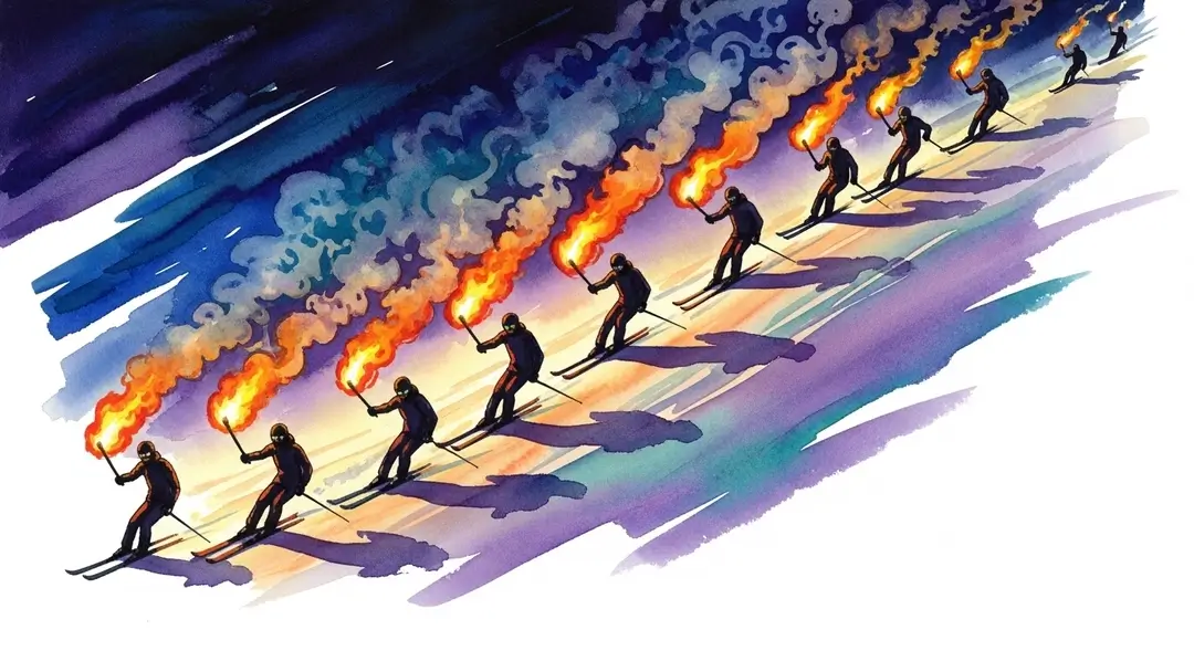 Une descente aux flambeaux dans les Alpes vue en illustration : des skieurs avec des torches créent un spectacle lumineux