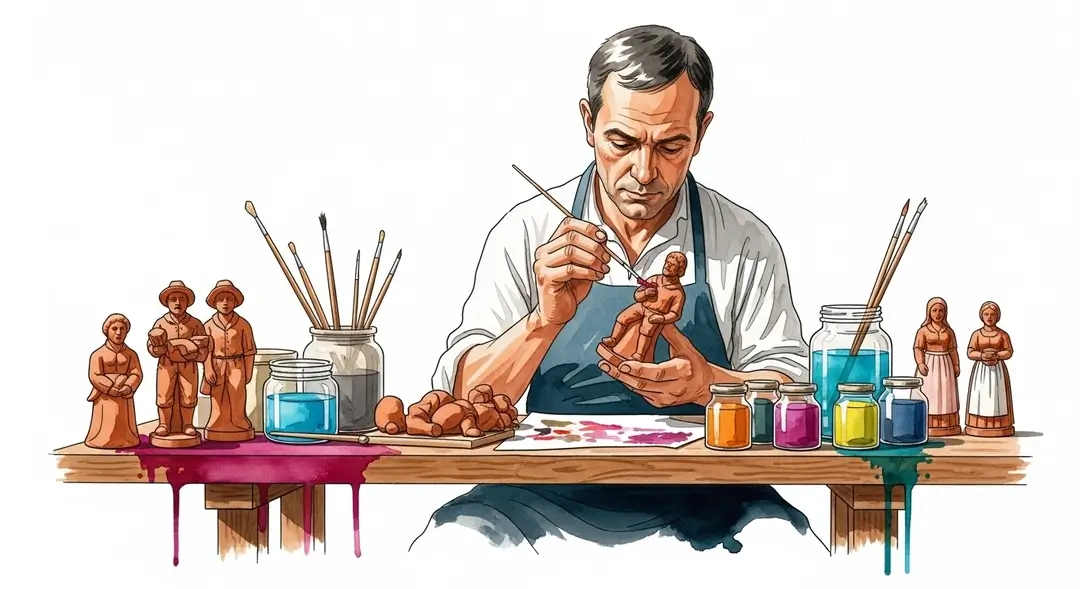 Illustration d'un artisan créant des santons de Provence pour une crèche provençale