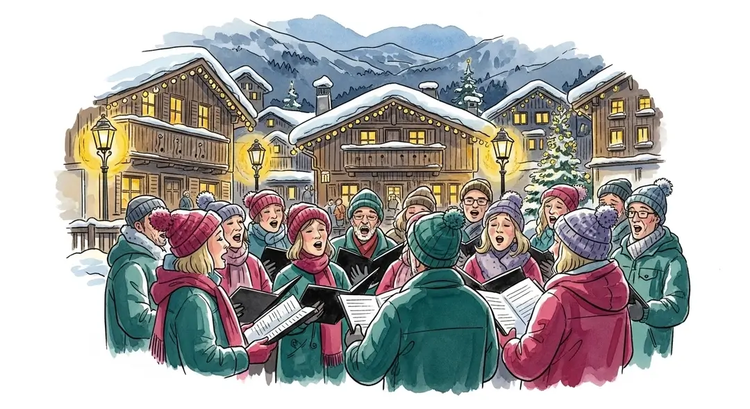 Une chorale de Noël en plein air chante dans un village alpin sous la neige