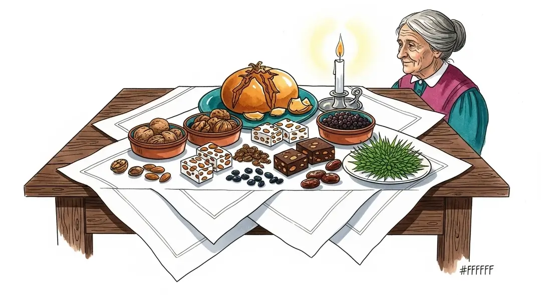 Illustration de la tradition du gros souper de Noël en Provence avec la table des treize desserts