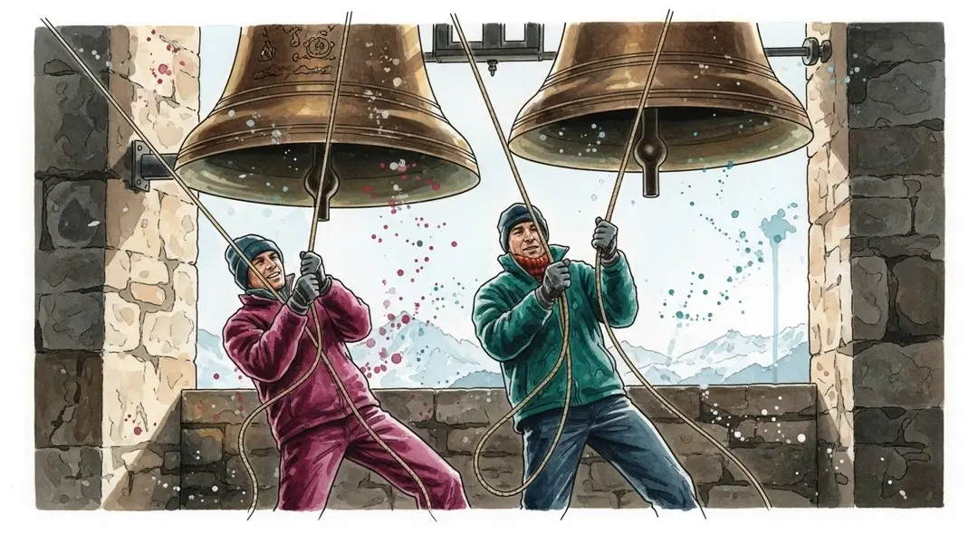 Illustration de deux sonneurs de cloches de Noël en plein effort