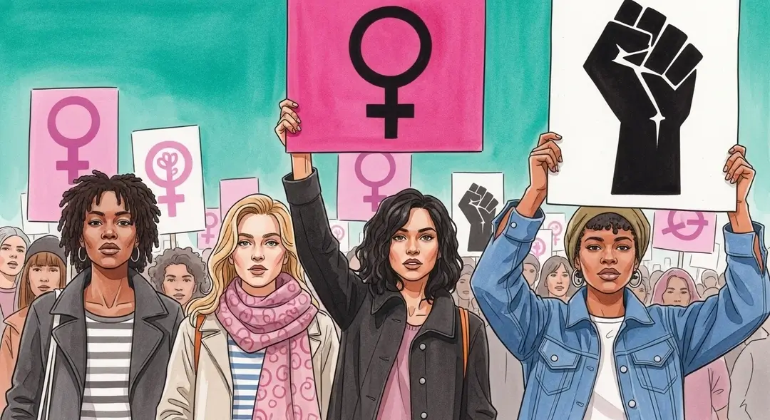Illustration de la manifestation du 8 mars en France : trois femmes engagées marchent pour la Journée internationale des droits des femmes