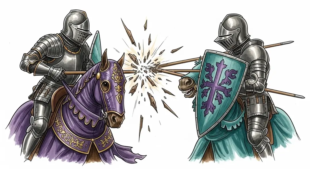 Illustration de spectacles de chevalerie lors des fêtes médiévales aux châteaux de la Loire : deux chevaliers s'affrontent dans un tournoi de joute