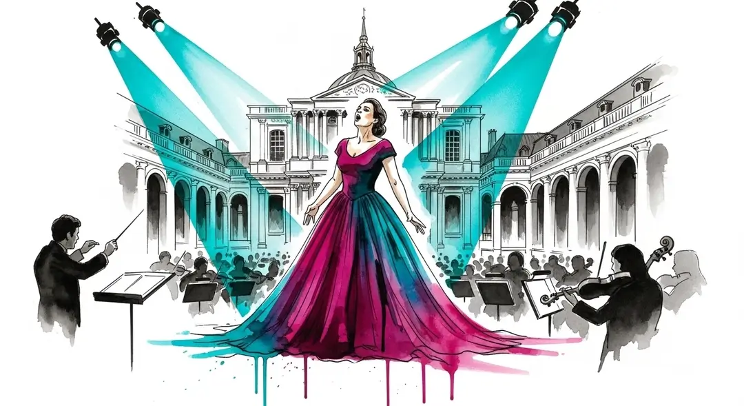 Illustration à l'aquarelle de l'organisation d'un opéra en plein air à Paris