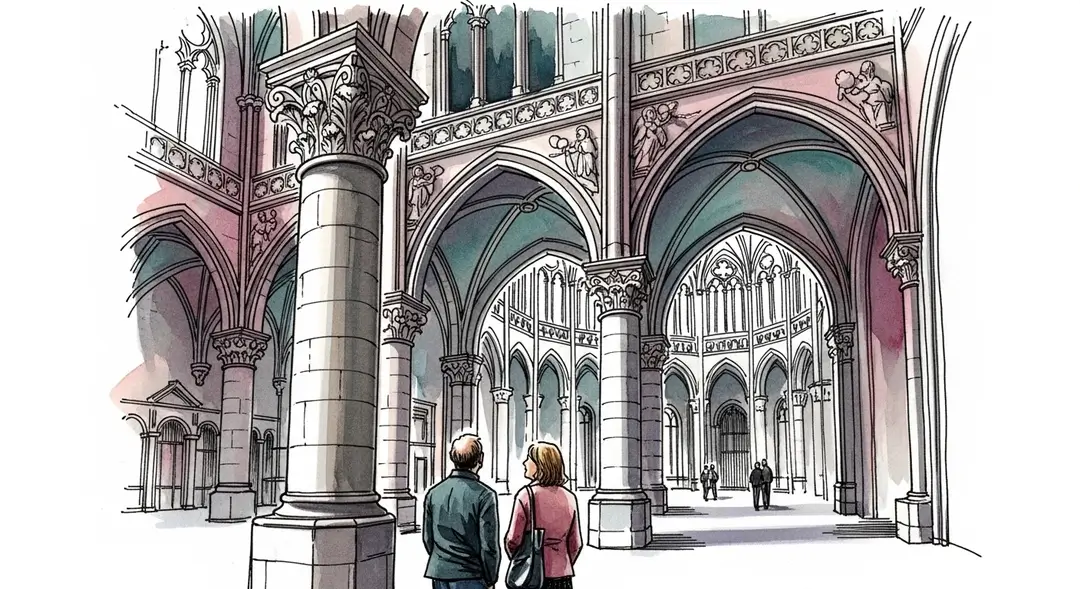 Couple admirant l'architecture d'un monument historique lors des Journées européennes du patrimoine