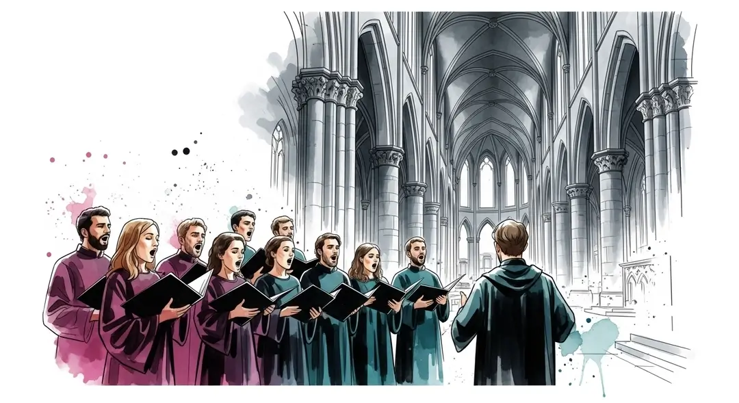 Illustration d'un ensemble vocal lors d'un concert de chant choral dans une abbaye