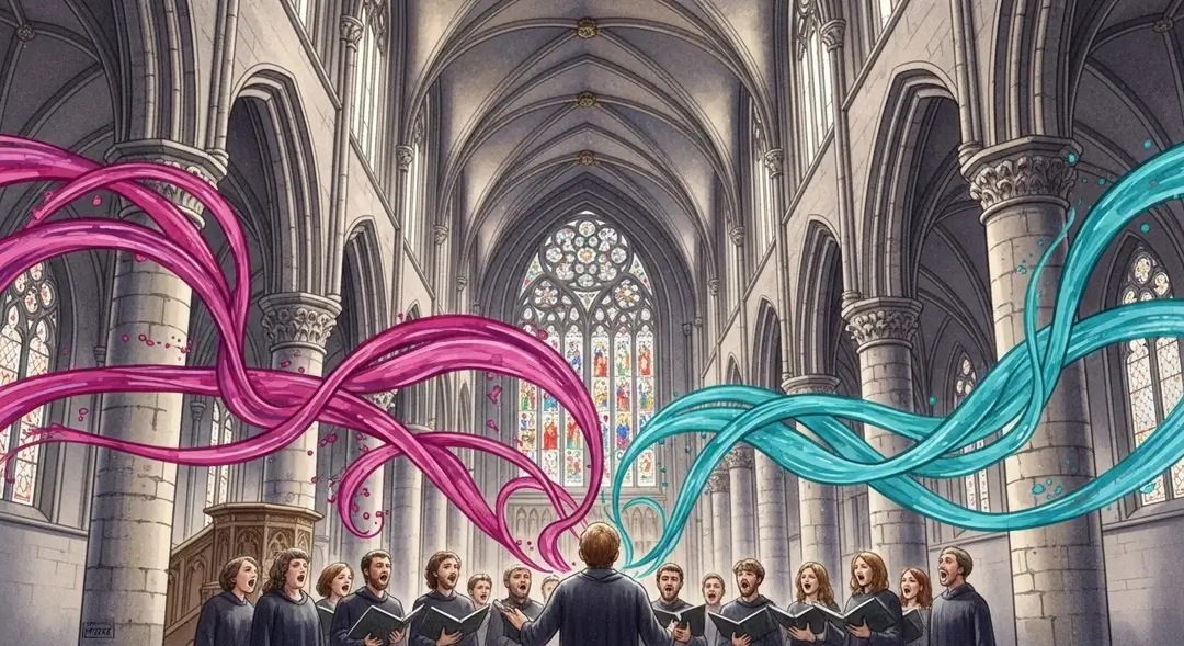 Illustration d'un chœur lors d'un concert de musique sacrée dans une cathédrale gothique pendant le Festival des Cathédrales de Picardie.