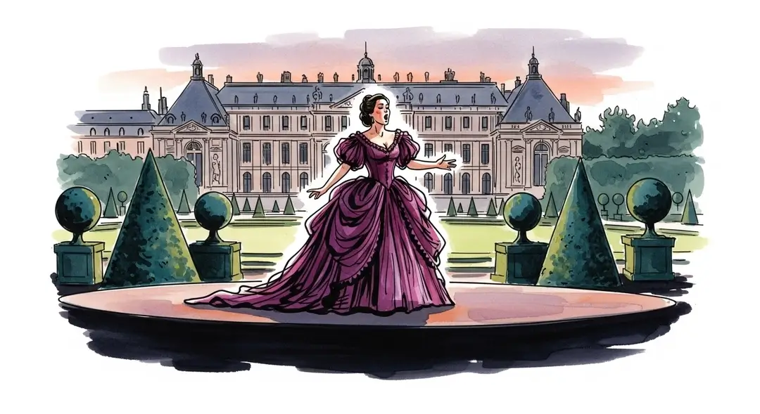 Illustration d'un opéra en plein air en France montrant une cantatrice en costume d'époque lors d'un spectacle lyrique dans les jardins d'un château