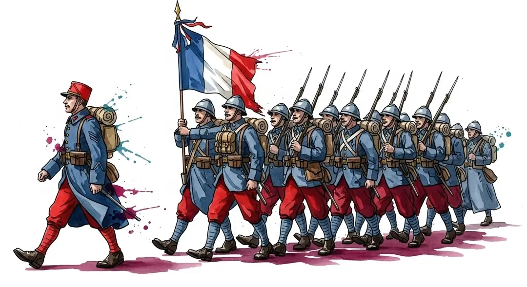 Illustration d'un défilé militaire historique de soldats en uniformes d'époque