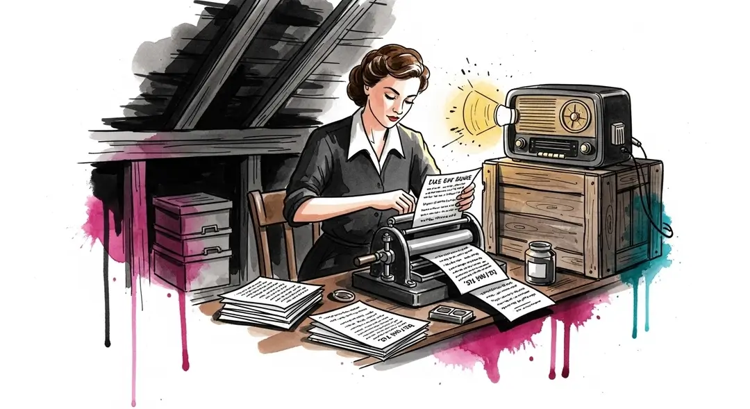 Une illustration représentant la transmission de l'héritage de la Résistance : une femme dans la clandestinité imprime des tracts