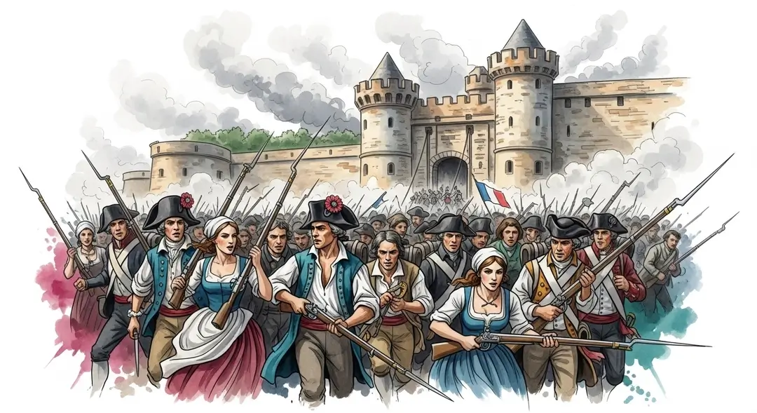 Illustration à l'aquarelle montrant le peuple de Paris prenant la Bastille