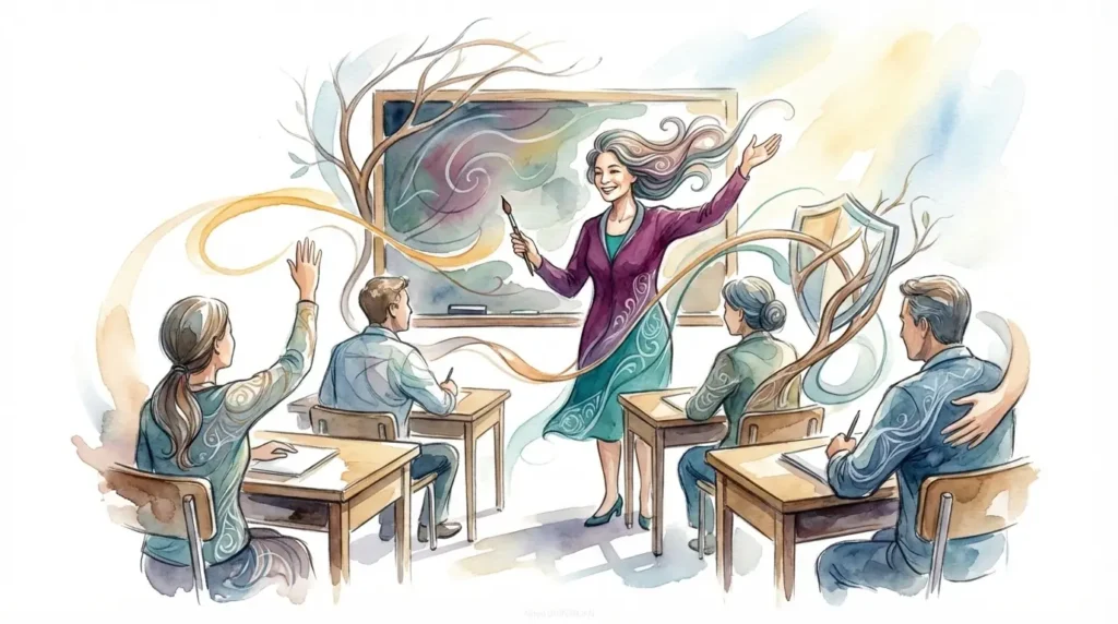 Scène de cours de français où une enseignante souriante se tient devant un tableau affichant "Module 5 : Se préserver
