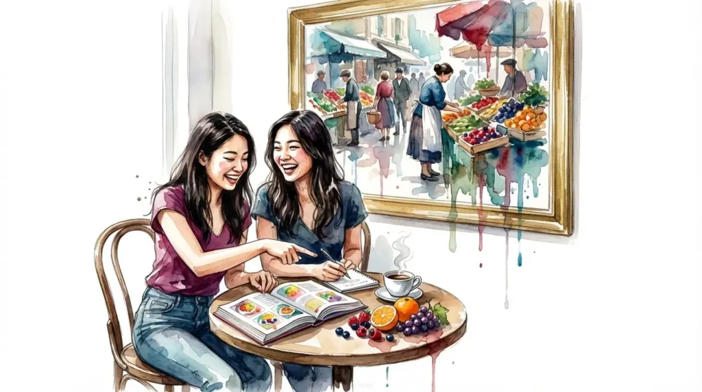 Description: Deux jeunes femmes souriantes partagent une **activité de partage culturel** autour d'un livre de recettes sur une table en bois avec café et fruits frais. L'une pointe une page colorée