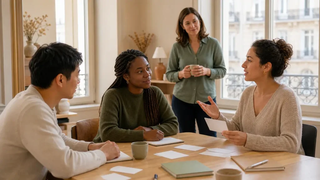 Des adultes préparent une courte présentation personnelle dans une école de français