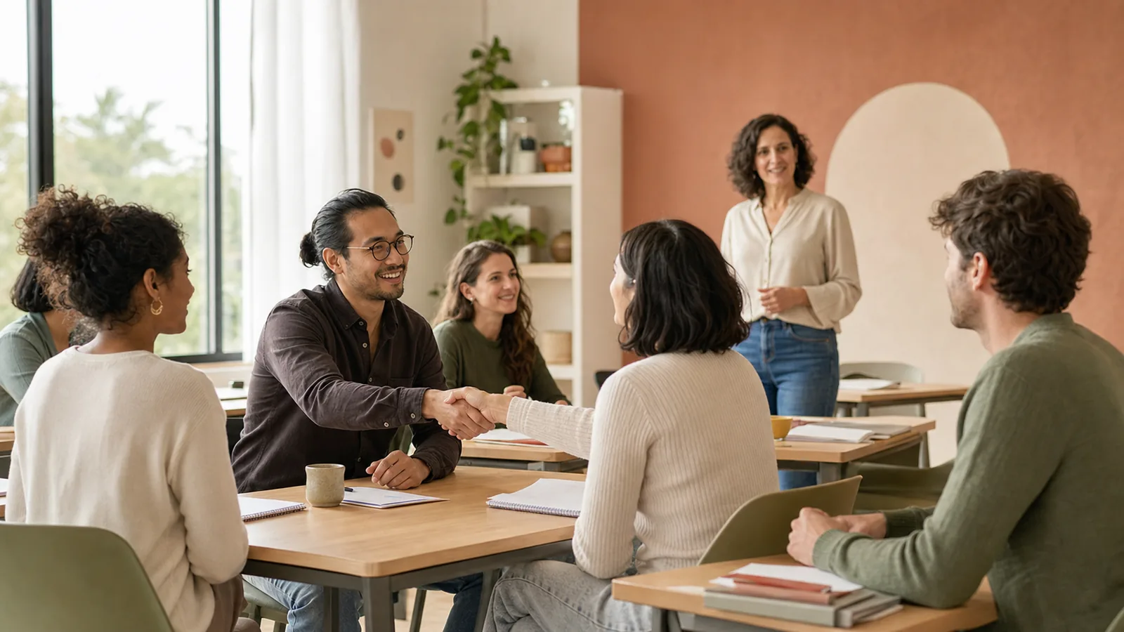 Des adultes se saluent dans un cours de français