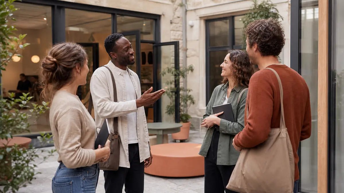 Des adultes se saluent dans une école de langues à Lyon