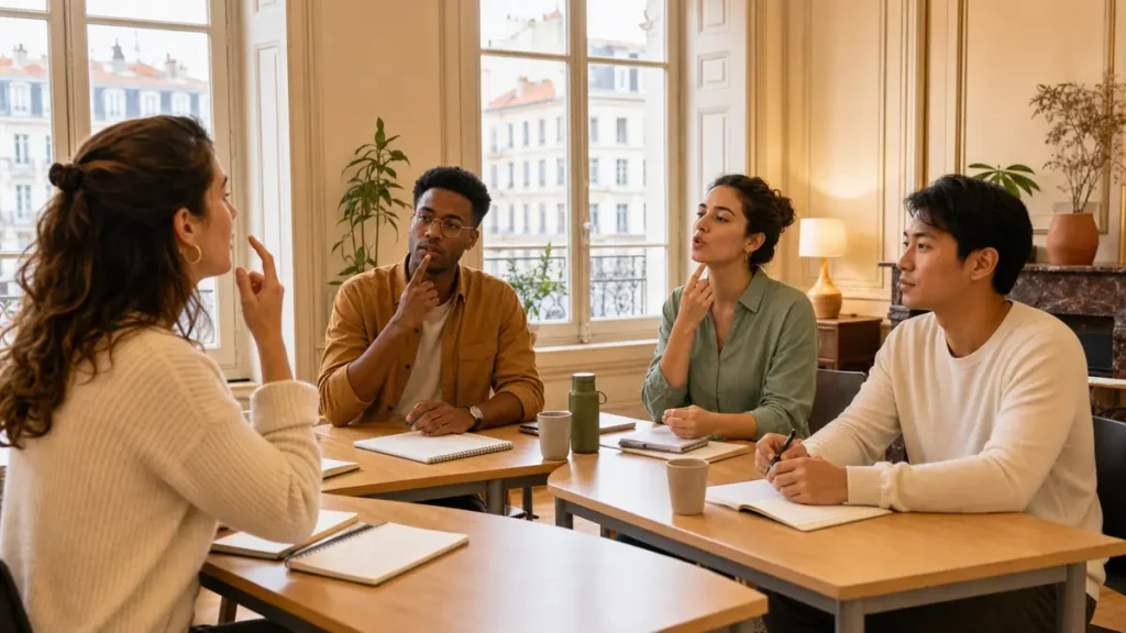 Des adultes répètent des phrases de présentation dans un atelier de prononciation en français
