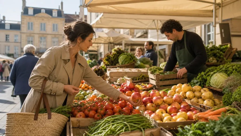 Une cliente choisit des fruits et des légumes sur un marché français