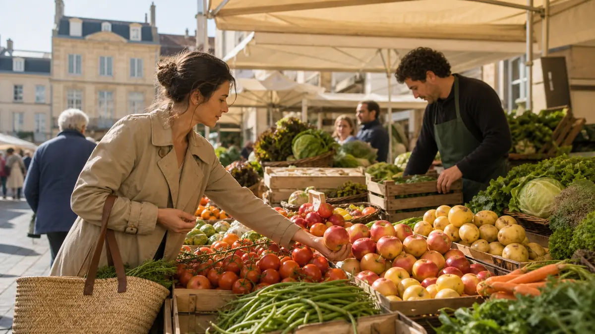 Une personne achète des produits frais sur un étal de marché