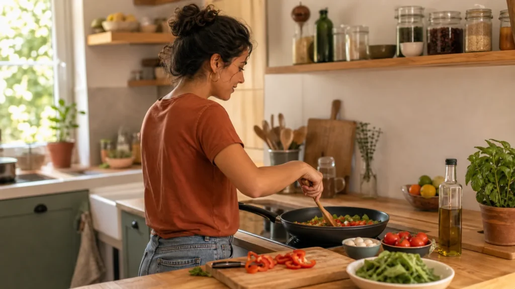 Une personne prépare un plat dans une cuisine familiale, gestes en mouvement