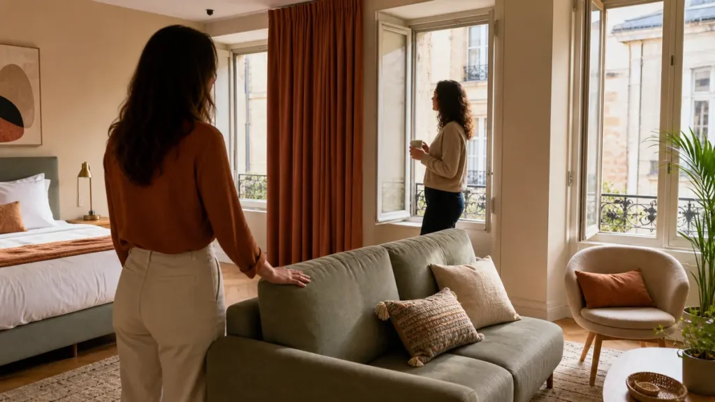 Deux personnes observent les pièces et les meubles d'un appartement lumineux