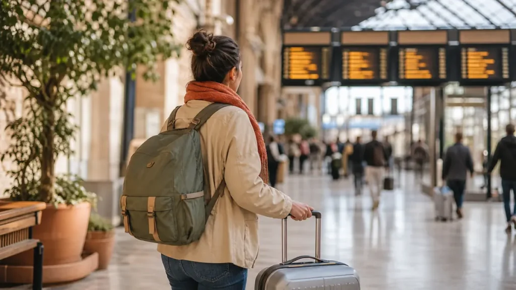Une voyageuse attend son départ dans un hall de gare français avec une valise