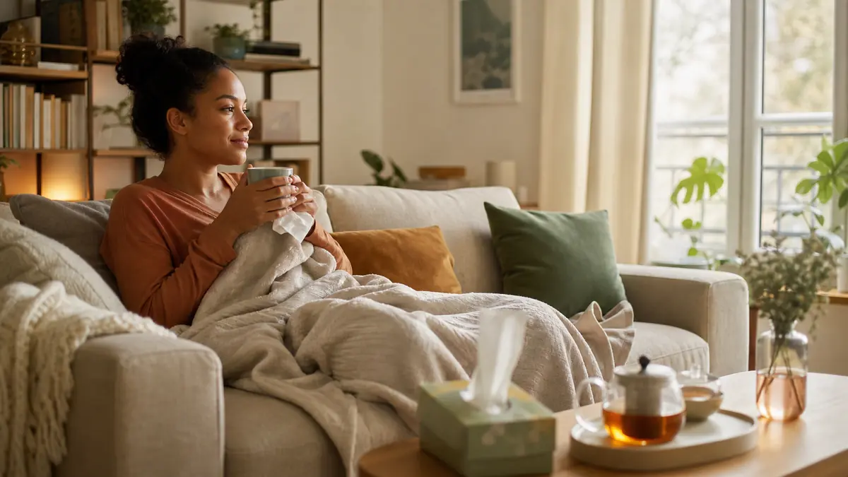 Une personne se repose chez elle avec une tasse de tisane