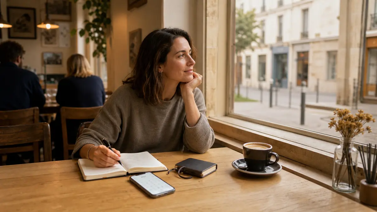 Une personne se souvient d'un moment récent, un carnet et un café sur la table