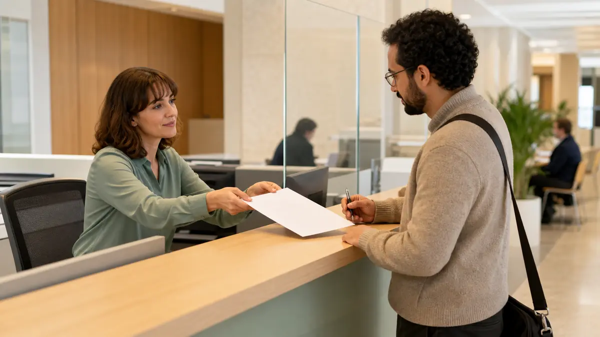 Une personne fait une démarche au guichet avec ses documents à la main