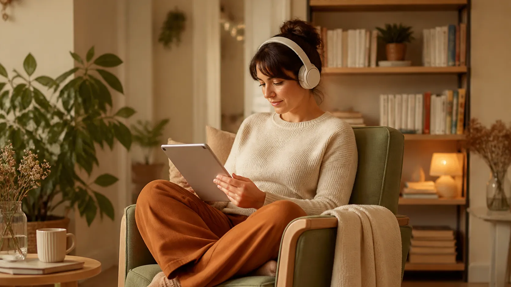 Femme lisant un roman en français facile niveau B1 sur tablette, avec un casque audio, dans son salon